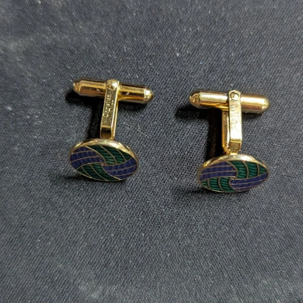 Vintage‎ Christian Dior Enamel Gold-Tone Cufflinks Green & Blue Swirl Design